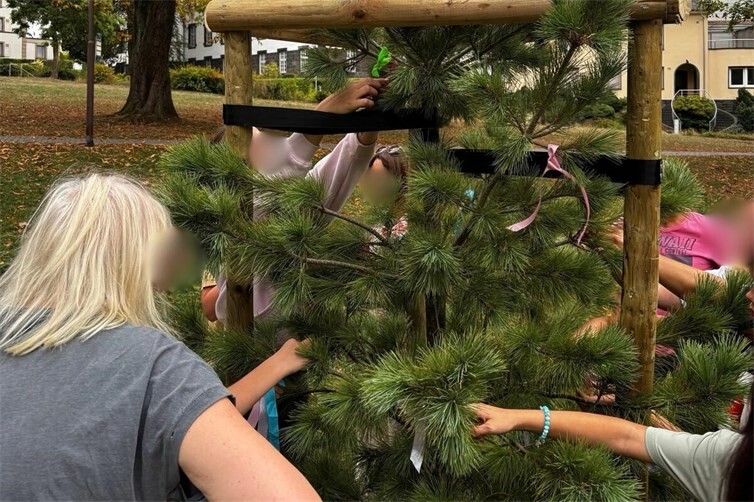 Die Bänder schmücken den neu gepflanzten Baum und stehen für persönliche Wünsche der Kinder.