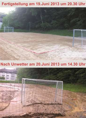 Die Beachhandball-Anlage nach ihrer Fertigstellung und nach dem Unwetter.  Privat