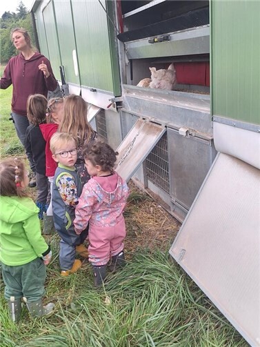 Die Beller Kita-Kinder waren natürlich auch von den frei lebenden Hühnern begeistert.  Foto: Eva Luxem/Förderverein Kita Bell