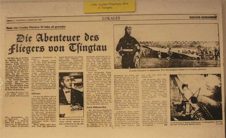 Die Berliner Morgenpost berichtete über Gunter Plüschow unter dem Titel: „Die Abenteurer des Fliegers von Tsingtau. Gunter Plüschow, nach dem die ehemalige Mendiger Kaserne benannt wurde, stürzte 1931 in Chile mit seinem Silberkondor ab.