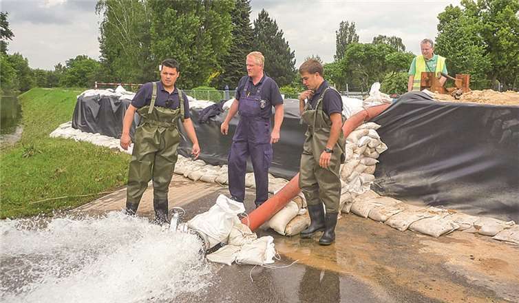 Die Berufsfeuerwehrmänner aus Koblenz bei Pumparbeiten in der Gemeinde Biederitz. privat