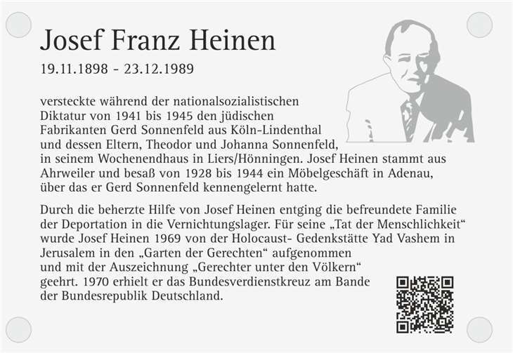 Josef Heinen, „Gerechter unter den Völkern“ Die Erinnerungstafel ist nun am Geburtshaus von Josef Heinen zu finden. Foto: Stadt Bad Neuenahr-Ahrweiler