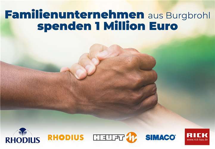 Die Familienunternehmen Rhodius Mineralquellen, Rhodius Schleifwerkzeuge, Heuft Systemtechnik, Simaco und Rick aus Burgbrohl und die dahinterstehenden Unternehmerfamilien spenden gemeinsam 1.000.000 Euro Soforthilfe an die Opfer der Flutkatastrophe.Quelle:Worawut-stock.adobe.com