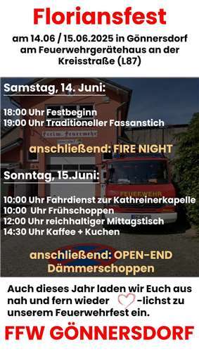 Die Feuerwehr Gönnersdorf lädt herzlich zum Floriansfest.  Quelle: privat