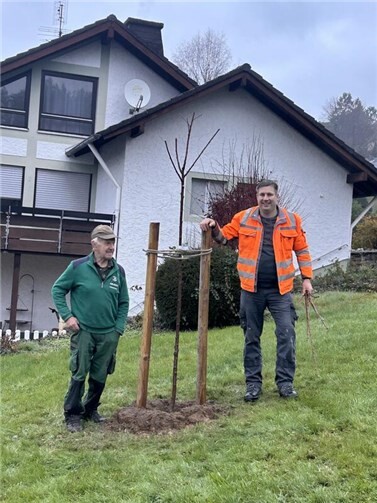 Die Gemeindearbeiter Niki Boden und Norbert Scharenberg konnten den Kirschbaum in der kleinen Parkanlage Ecke Poststraße/Im Schönblick und den Apfelbaum an der „Wiedhalle“ pflanzen.Gemeinde Roßbach pflanzen. Foto: privat