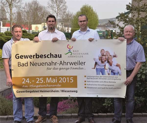 Die Geschäftsführer der vier beteiligten Firmen, Getränke Michel, Spedition Neukirchen, Heizung-Sanitär Steffes & Robrecht sowie die Firma Bäder und Heiztechnik Wershofen freuen sich auf viele Besucher bei der ersten Gewerbeschau im Gewerbegebiet Heimersheim in Bad Neuenahr-Ahrweiler. privat