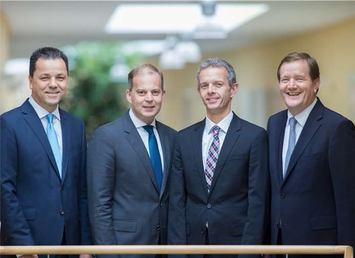 Die Geschäftsführung von Griesson - de Beukelaer (v.l.): Roland Haffke (Kaufmännischer Geschäftsführer), Christoph Osegowitsch (Geschäftsführer Produktion & Technik), Andreas Nickenig (Geschäftsführer Vertrieb & Marketing) und Andreas Land (Vorsitzender der Geschäftsführung).Herbert Piel / P!ELmedia