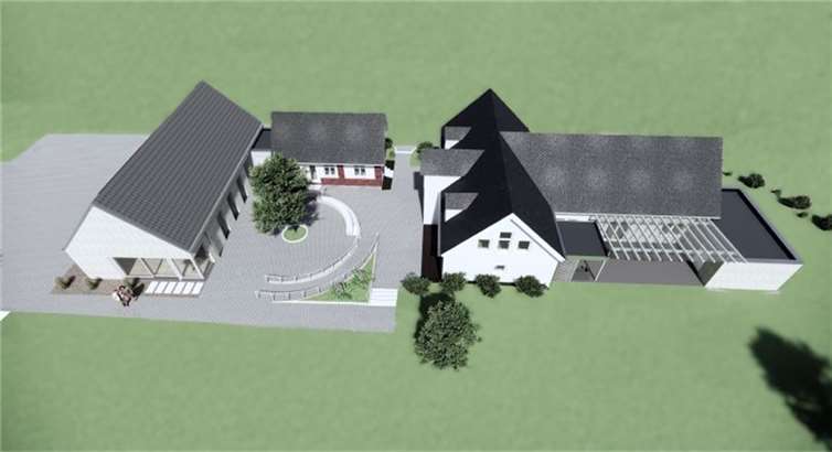 Die Grafik zeigt, wie die „Neue Mitte“ in Gackenbach aussehen wird: Links das neue Gemeindehaus, hinten der Jugendraum, rechts das Dorfgemeinschaftshaus (ehem. Pfarrheim) und in der Mitte der Dorfplatz. Grafik: Holzbau Kappler