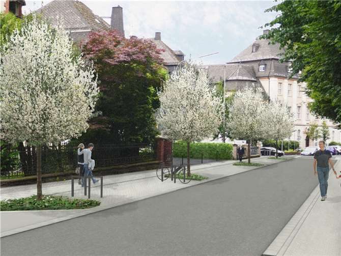 Die Grafik zeigt, wie die gepflasterten Flächen im Gesamtbild der Bahnhofstraße wirken. Quelle: TDB Landschaftsarchitekten