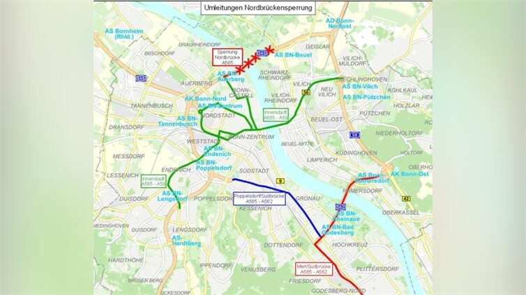 Die Hauptrouten, über die der Verkehr zu Kennedybrücke und Südbrücke geleitet wird: In Grün die Strecken für den Verkehr im nördlichen Stadtgebiet. In Blau Reuterstraße und B9 als direkte Verbindung zwischen A59 und A565. In Rot die südlichen Abschnitte zwischen dem Rechtsrheinischen über Südbrücke und Bad Godesberg.