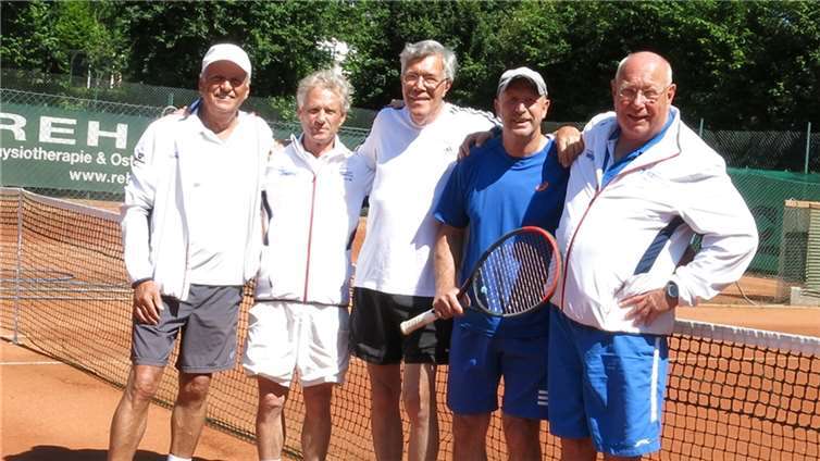 Die Herren 65 des TC Weibern Rheinlandmeister und Aufsteiger 2024 v.li. Franz Nett, Thomas Wolff, Lothar Buhr, Norbert Bell und Michael Tinschert. Quelle: TC Weibern