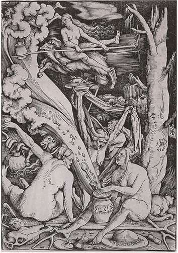 Propstei Buchholz, Mythos Hexen und Sinziger Stadtwerdung „Die Hexen“, Holzschnitt von Hans Baldung 1508.Wikipedia
