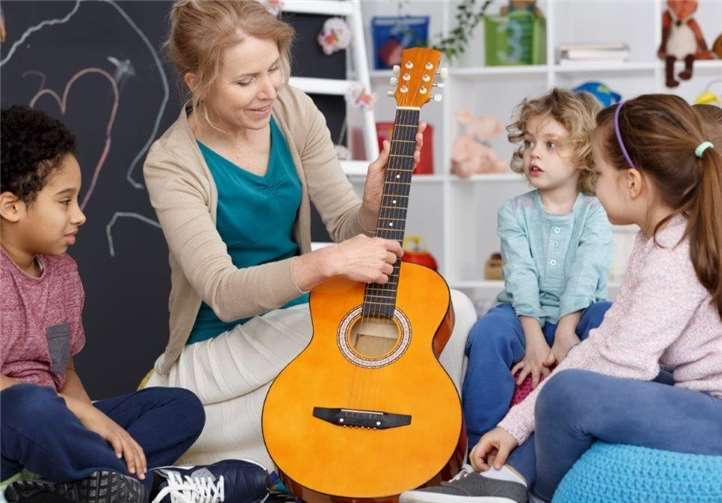 Die IOS-Gruppe beim Kennenlernen der Gitarre.KMS MYK