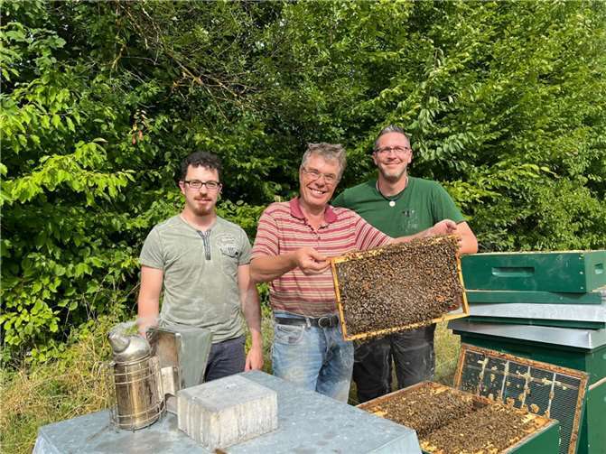 Die Imker Lukas Brauer (links) und Markus Bell (rechts) mit Landwirt Klaus Kurp sowie einigen Bienenvölkern, die bereits in den Sonnenblumen aktiv sind. Fotos: DU