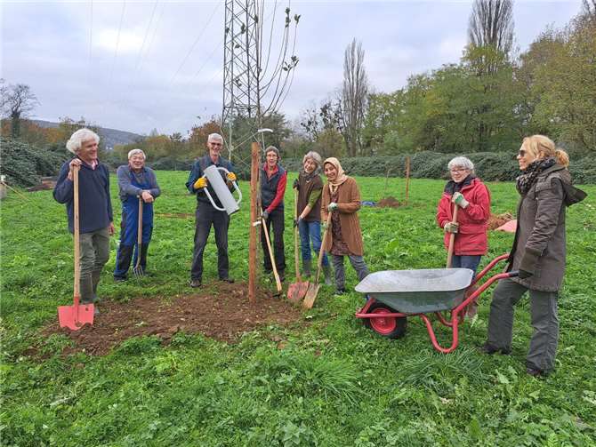 Die Initiatorin des Projekts, die Sozialraumkoordinatorin der Stadt Sinzig Sonja Wuttke (r.) pflanzte zusammen mit vielen ehrenamtlichen Helferinnen und Helfern zwölf Obstbäume im Sinziger Gemeinschaftsgarten.  Foto: Stadtverwaltung Sinzig