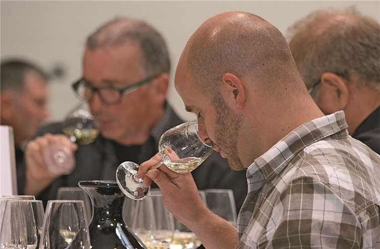 Die Juroren: im Vordergrund Maximilian Ferger, Betriebsleiter Weingut Wwe. Dr. H. Thanisch – Erben Müller-Burggraef, bei der Probe im Steillagenzentrum in Bernkastel-Kues. Privat