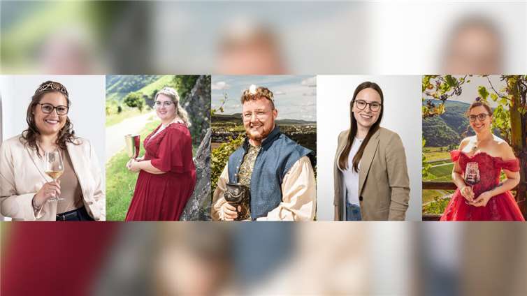 Fünf Bewerbungen, eine Krone: Wahl der Ahrweinhoheiten 2025/26 Die Kandidatinnen und der Kandidat: v.li. Laura Graf, Alina Riske, Felix Lüdenbach, Katharina Bongart und Elena Schmitz. Fotos: Christian Lipowski/Nico Sebastian/Hagen Hoppe/Dominik Ketz/Klaus Geck