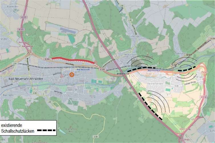 Die Karte verdeutlicht die prekäre Situation der Gemeinden Heimersheim und Ehlingen, die vollständig von der A 61, der A 571 und der B 266 eingeschlossen sind.