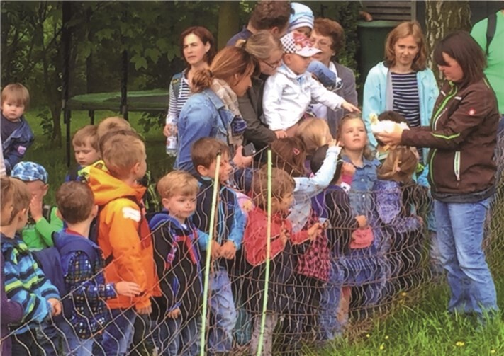 Die Kinder besuchten „ihre Küken“ bei Familie Delord auf dem Landskroner Hof.privat