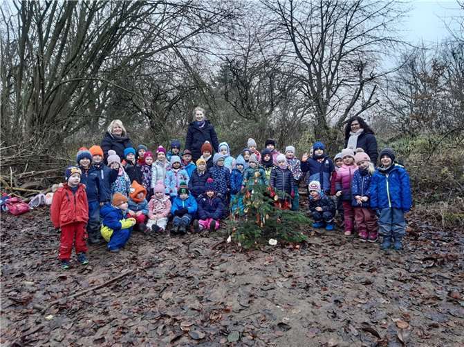 Die Kinder der Kita Kettig bei Ihrem Weihnachtsbaum für die Tiere des Waldes.Foto: privat