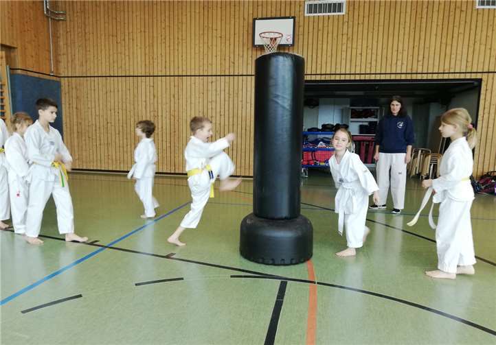 Die Kinder konnten ihre Schlagkraft am Pratzen (Schlagpolster) und später an einem Standdummy testen.