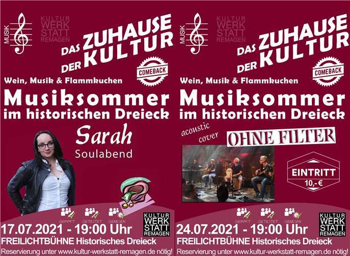 Die Konzertreihe im historischen Dreieck geht mit „Sarah“ und „Ohne Filter“ weiter.Copyright: Kulturwerkstatt Remagen