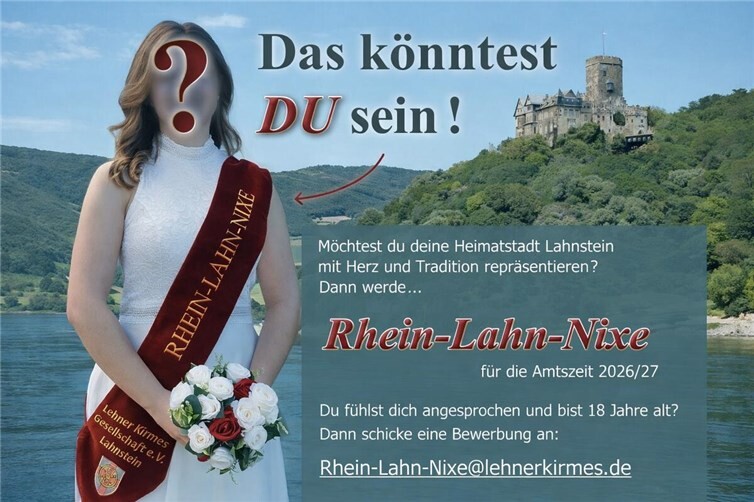 Die Lehner Kirmes Gesellschaft e.V. sucht eine neue Rhein-Lahn-Nixe. Bewerbungen sind noch bis Mitte April möglich.