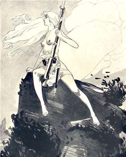 Die Loreley als Instrument politischer Propgangda: „So, nun wollen wir für eine Weile den goldenen Kamm beiseite legen und das Eisen ergreifen!“ – Karikatur von Gustav Brandt im Kladderadatsch, 23. August 1914. Quelle: Kaiser Ruprecht Bruderschaft