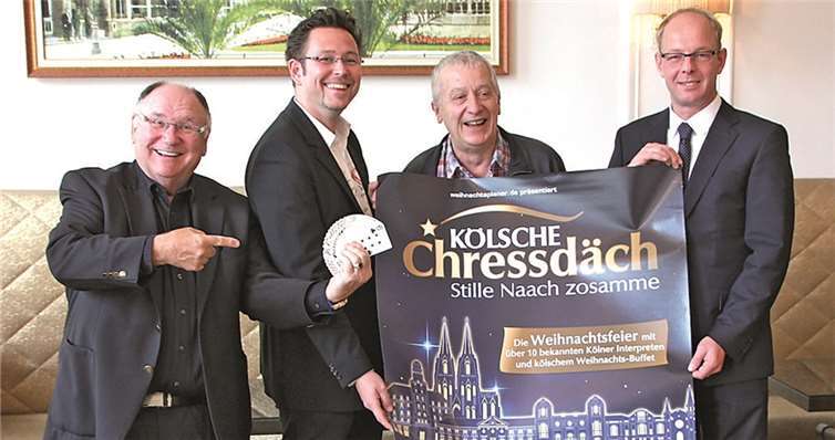 Die Macher, Organisatoren und Protagonisten der „Kölsche Chressdäch“: v.l. Moderator und Zauberkünstler Jürgen W. Urbahn, Promoter Marc Ulrich, Urheber Dieter Steudter und Steigenberger-Direktor Denis Hüttig.BÜN
