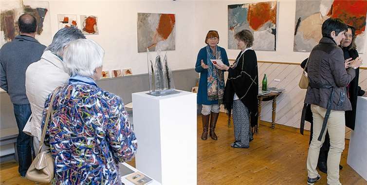 Die Malerin Barbara Kroke (Mitte) war eine von neun Künstlerinnen und Künstlern, die ihre Werke bei der Ausstellung HofArt in Villip präsentierte. VJ