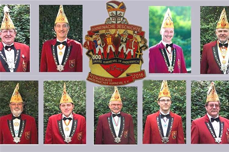 Die Mitglieder des Festausschusses: (Von oben links) Lutz Schnitzendöbel, Hans-Josef Völkel, Jürgen Senft, Peter Laumann, Alfred Korb, Tim Lahnstein, Rolf Thelen, Patrick Stemmler und Werner Peusens. Der diesjährige Festausschussorden wurde wieder nach einem Entwurf von Hans Breuch geprägt.