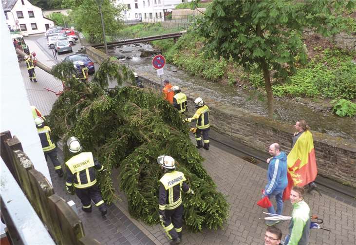 Die Mitglieder des Löschzugs Sayn und die Aktiven der Interessengemeinschaft „Sääner Kermes“ unterwegs mit dem Baum zum Kirmesplatz.VA