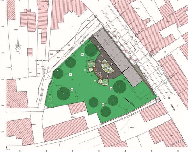 Die Planungen für das einstige Simmobilia-Grundstück: kleiner Park und zehn Parkplätze entlang der Gudestraße. Repro BL