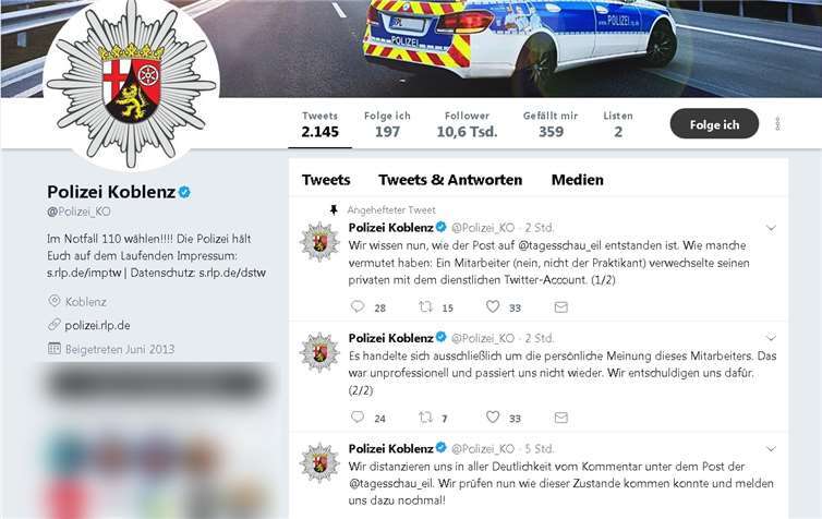 Die Polizei Koblenz hatte sich auf ihrem Twitter-Account für den Vorfall entschuldigt. Quelle:Twitter