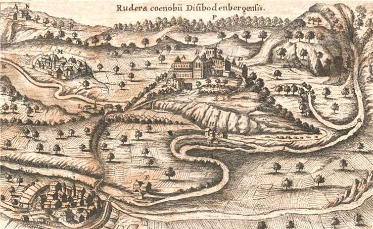 Vom Wissen über die Wege und göttlichen Visionen Die Ruinen des 1559 aufgehobenen Klosters Disibodenberg am Zusammenfluss von Glan und Nahe in der Zeit um 1724. Hier begann Hildegard von Bingen ihre geistliche Laufbahn. Quelle: Alexander Thon M.A., Lahnstein