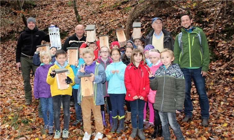 Die Schülerinnen und Schüler freuten sich, etwas für die Vögel im Wald tun zu können.. Bürgerstiftung Bad Ems