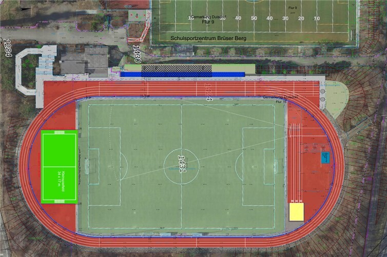 Die Sportanlage auf dem Brüser Berg erhält neue Laufbahnen mit einem modernen, wasserdurchlässigen Kunststoffbelag, Leichtathletikanlagen werden neu geordnet, und ergänzend wird ein Kleinspielfeld mit Kunstrasen angelegt. 
