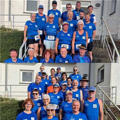 Die Starter der LG Laacher See vor den 5 und den 10 km Wettkämpfen. Im orangen Trikot Bernhard Schiffers vor seinem allerersten Volkslauf.