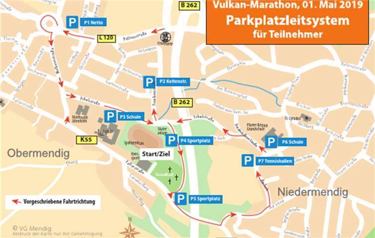Die Teilnehmer finden hier die markierten Parkplätze. Foto: Stadtplan© VG Mendig