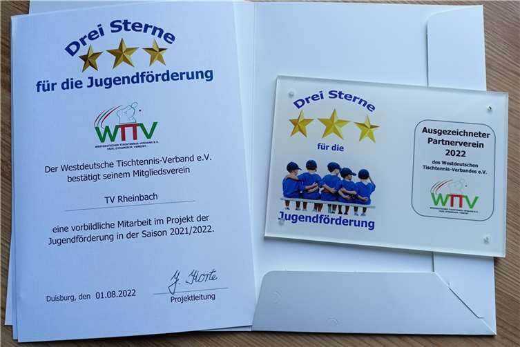 Die Urkunde des WTTV wurde für eine „vorbildliche Mitarbeit im Projekt Jugendförderung“ überreicht. Foto: TV Rheinbach