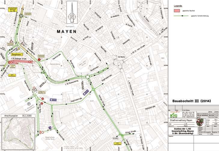 Die Verkehrsführung zur 1. Bauphase. Die Pläne zur weiteren Verkehrsführung können online unter www.mayen.de eingesehen werden.