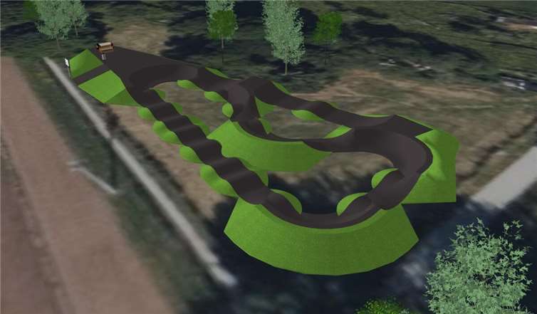 Die Visualisierung zeigt, wie der fertig Pumptrack aussehen wird. Bei der Gestaltung haben die Jugendlichen mitgewirkt. Zur Orientierung: Links ist der Sportplatz. Grafik: Stadt Montabaur / Firma Dirtways
