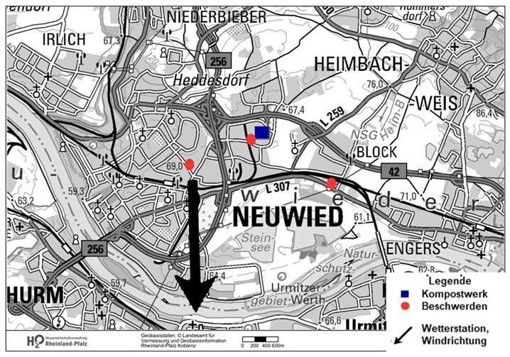 Die Visualisierungen der SGD Nord zum Zusammenhang von Windrichtung und geruchsgeplagter Anwohner zeigen unterschiedliche Ergebnisse. Kommt der Wind aus nordöstlicher Richtung erscheint Suez als Verursacher des Gestanks. Bei Nordwind lässt sich jedoch kein einheitliches Muster erkennen. 
