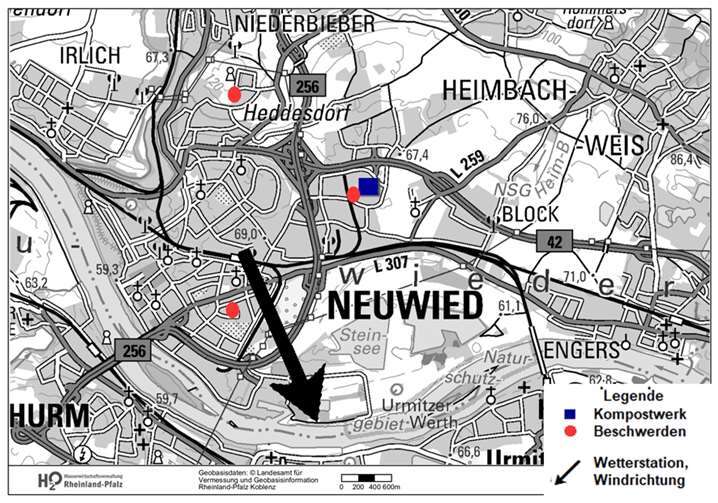 Die Visualisierungen der SGD Nord zum Zusammenhang von Windrichtung und geruchsgeplagter Anwohner zeigen unterschiedliche Ergebnisse. Kommt der Wind aus nordöstlicher Richtung erscheint Suez als Verursacher des Gestanks. Bei Nordwind lässt sich jedoch kein einheitliches Muster erkennen. 