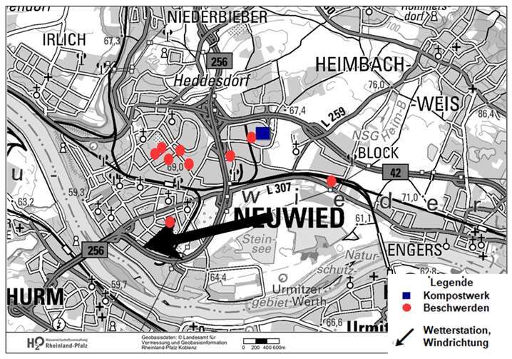 Die Visualisierungen der SGD Nord zum Zusammenhang von Windrichtung und geruchsgeplagter Anwohner zeigen unterschiedliche Ergebnisse. Kommt der Wind aus nordöstlicher Richtung erscheint Suez als Verursacher des Gestanks. Bei Nordwind lässt sich jedoch kein einheitliches Muster erkennen. 