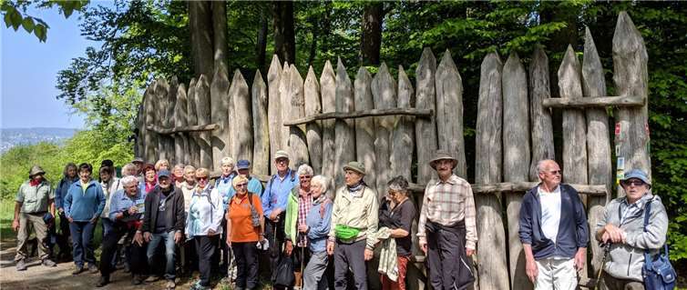 Die Wandergruppe vor der nachgebauten Limespalisade auf dem Weg zur wohlverdienten Mittagsrast. Fotos: Taunusklub Bad Ems