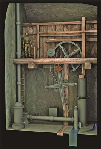Die Wassersäulenmaschine der Grube Guldenhardt, Illustration von Carsten Trojan.