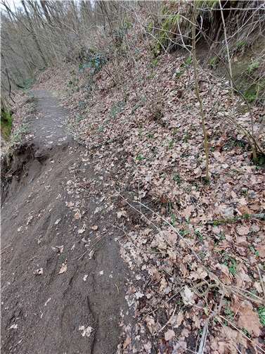Hangrutsch macht Begehung unfallträchtig Die Wegeführung des Netteuferwegs ist hinter der Heseler Mühle bei Ochtendung durch einen Erdrutsch unterbrochen. Foto: Ortsgemeinde Ochtendung / Lothar Kalter