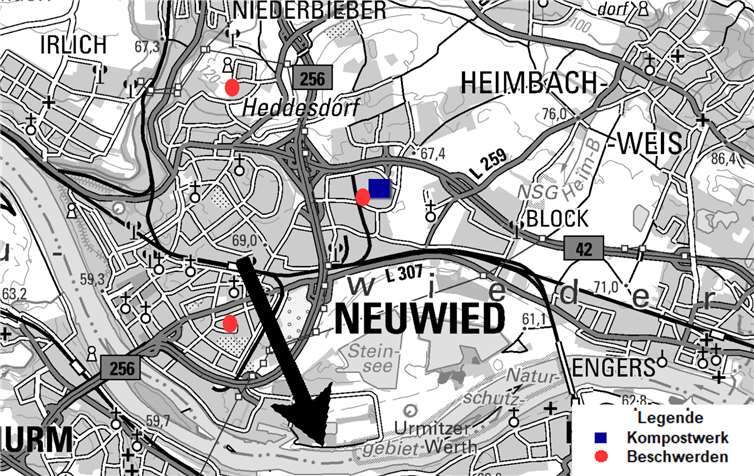 Die Windrichtung im Neuwieder Gewerbegebiet „Distelfeld“. Grafik: SGD Nord