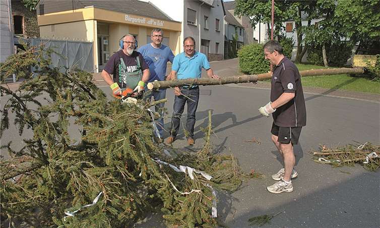 Die Zeit für den Maibaum in Ruitsch war vergangene Woche zu Ende. Er wurde „umgelegt“ und zu Brennholz zerkleinert; an der Motorsäge Peter Löhr, weiter dabei (v.l.) Ortsvorsteher Günter Martin, Stadtbürgermeister Günter Schnitzler und Helfer Rolf Setz. -HF-